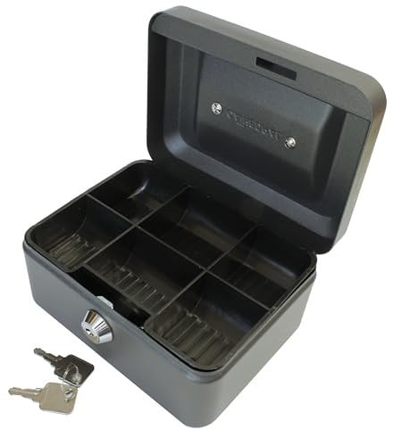 Cathedral Products Key Lockable Cash Box with Lift Out 6 Compartment Coin Tray - 6 Inch - Black