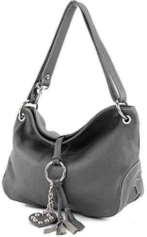 modamoda de - T10 - ital. Schultertasche Umhängetasche aus Leder, Farbe:Dunkelgrau