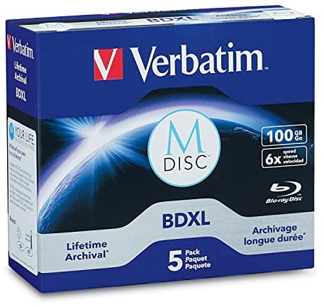 Verbatim M DISC BDXL 100GB 6X with Branded Surface Blank Blu-Ray Recordable Media – 5pk Jewel Case Box,Blue