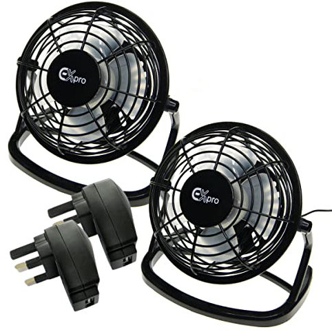 Ex-Pro 2 PACK Mini 4 Inch Ultra Quiet Desktop Cooling USB Fan with USB Mains Power, with Tilting Design, Perfect for Home and Office Use, Simple Plug and Play - Black