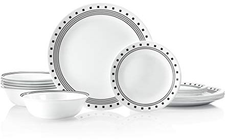 Corelle Juego de vajilla de 18 piezas, bloque de ciudad, servicio en blanco y negro para 6, vajilla resistente a las astillas, incluye platos llanos de 26 cm, platos de ensalada de 17 cm y cuencos de