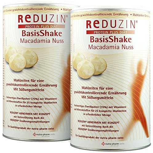 REDUZIN Diät Shake 2 Dosen á 25 Port. BCM verschiedene Geschmacksrichtungen (Doppelpack 2 Dosen a 450g, 2 Dosen BCM Macadamia Nuss)