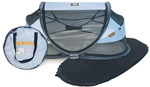 Deryan Baby Reisebett mit Matratze ab Geburt bis 2,5 Jahre - Pop Up Babybett Babyzelt in 2 Sekunden aufgestellt - inkl. Moskitonetz & Reisetasche - 120x75x50cm (Blau)