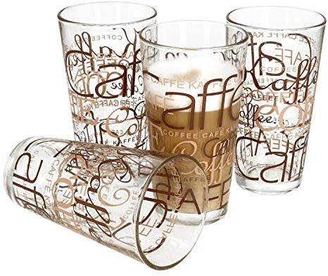 Van Well 4er Set Latte Macchiato Gläser 39cl – Stapelbare Kaffee Gläser mit Dekoration – Stilvolles Design und Praktische Aufbewahrung