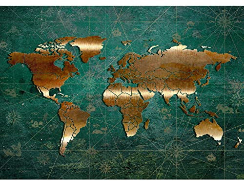 Runa Art Fototapeten 396 x 280 cm Weltkarte metallic - Vlies Wanddekoration Wohnzimmer Schlafzimmer - Deutsche Manufaktur - Grün Gold 9031012b