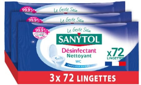 Sanytol - Lingettes Désinfectantes WC - Senteur Fraîcheur Marine - Lot de 3 x 72 - Bactéricide, Virucide, Fongicide - Sans Javel, Fabrication Française, 100% Fibres d’Origine Végétale
