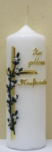 netsells handverzierte Stumpenkerze ''Zur goldenen Konfirmation'' * Kreuz mit weißen Blumen * 6 x 18 cm (Motiv #020)
