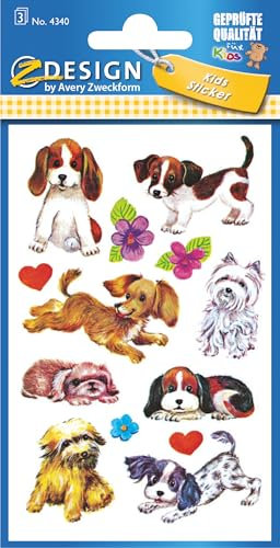 AVERY Zweckform 4340 Aufkleber für Kinder (Hunde, Papiermaterial) 3 Bögen, 26 Sticker