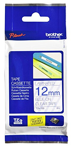 Brother TZe-133 Labelling Tape Cassette, 12 mm (W) x 8 m (L), Laminated, Brother Genuine Supplies - Blue on Clear