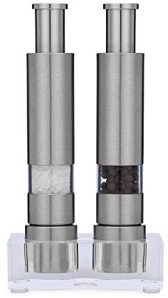 Grind Gourmet Salz- und Pfeffermühle 2er Set mit modernem Daumen-Druck-Knopf-Mahlwerk, Premium Edelstahl, für schwarzen Pfeffer, Meersalz und Himalaya-Salz, mit Ständer