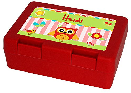Brotdose mit Namen Heidi und schönem Eulen-Motiv für Mädchen, rot - Brotbox - Vesperdose - Vesperbox - Brotzeitdose mit Vornamen