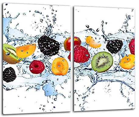 Gsmarkt | Herdabdeckplatten Schneidebrett Spritzschutz Set 2x30x52 | Bild auf Glas | Sicherheitsglas Gehärtetes Glas Bild | Motiv Früchte