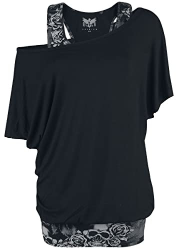 Black Premium by EMP Damen grau-schwarzes T-Shirt im Double-Layer-Look mit Totenkopf-Print 5XL