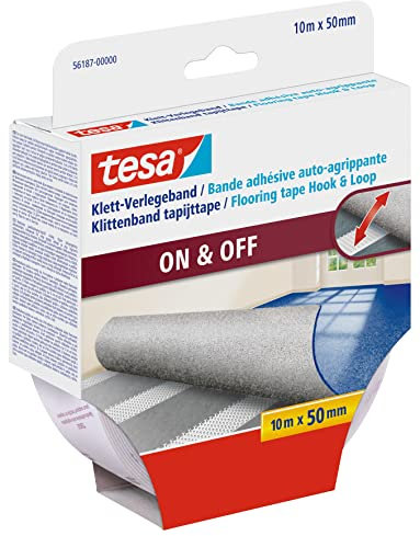 tesa Klett-Verlegeband On & Off - selbstklebendes Klettband zum Verlegen von Teppichen - rutschfest, für Feuchträume und Fußbodenheizung geeignet - 10 m x 50 mm - transparent