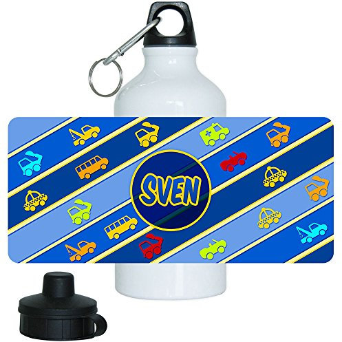 Eurofoto Trinkflasche mit Namen Sven und schönem Motiv mit Fahrzeugen für Jungen, aus Aluminium