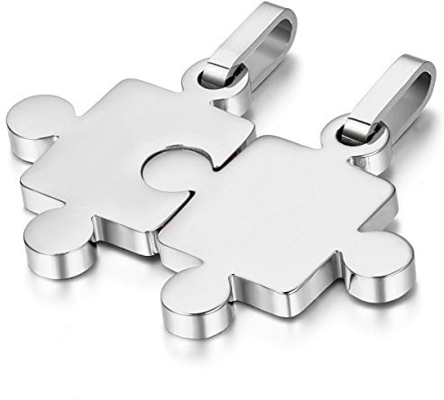 JewelryWe Valentinstag Schmuck 2 Freundschaftsketten Puzzle Love Edelstahl Partner-Anhänger mit 45cm und 55cm Kette, Personalisierte Paar Halskette für Damen & Herren, Silber - kostenlos Gravur