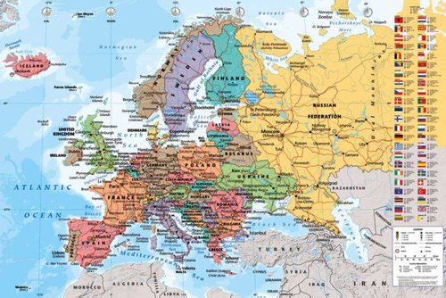 Maps - European Map - Landkarten Poster Länderflaggen EU Europäische Union Version in Englisch 91,5x61 cm