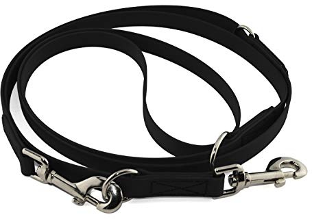 LENNIE Verstellbare BioThane Führleine, 13mm breit, 4m lang, Schwarz, genäht, Doppelleine