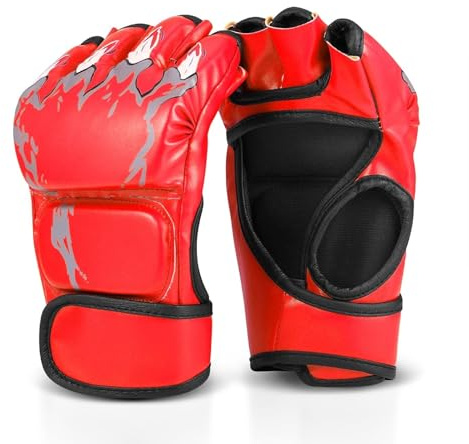 Flexzion Guantes MMA con Correa de Velcro, Guantes de Boxeo de PU y Esponja EVA para Hombre y Mujer, Guantillas de Entrenamiento para Karate, UFC, Muay Thai, Artes Marciales, Rojo