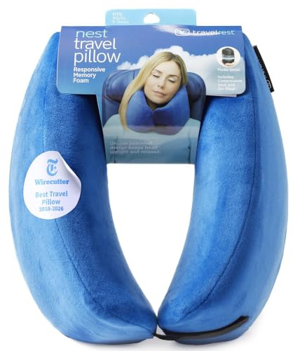 travelrest Nest Neck Pillow for Travel - Advanced Support for Long Flights, Memory Foam Patented Design for Optimal Relaxation, Ergonomic, and Washable, On-the-Go and Attaches to Luggage - Blue