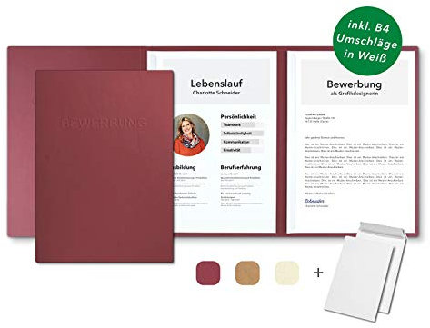 15 Stück 3-teilige Bewerbungsmappen Bordeaux mit 2 Klemmschienen in feinster Lederstruktur - hochwertige Prägung ''BEWERBUNG'' - inkl. 15 Versandumschläge in Weiß - direkt vom Hersteller STRATAG