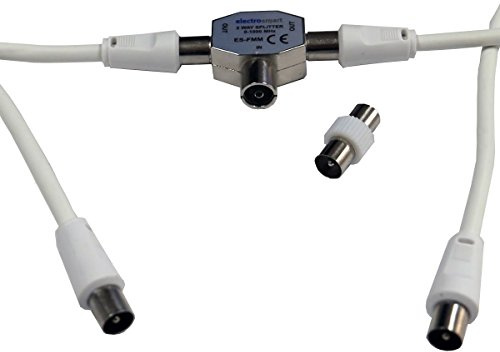 electrosmart 10m White Freeview TV Aerial Splitter Kit Includes 1.5m Coax 10m Coax Splitter & Adaptor