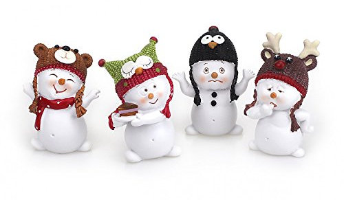 TEMPELWELT 4 x Deko Figur Schneemann mit Wintermütze im Set je ca. 5,5 cm hoch, Polystein weiß mit bunten Mützen, Schneemänner Figuren Geschenkdeko Winter Weihnachten