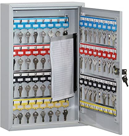 Melsmetall Schlüsselschrank mit 64 Haken– Schlüsselkasten SD64, robuste Schlüsselbox aus Stahl, abschließbarer Safe, magnetische Außenseite, höhenverstellbare Leisten, Wandmontage (45x30x8cm)