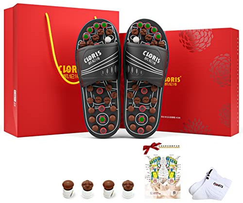 Reflexzonenmassage Hausschuhe Schuhe Sandalen Akupressur Fußmassageschuhe mit Jade Steinen und Turmalinen für Männer Frauen mit einem Paar Socken (L-28.2cm (43-45 EU))