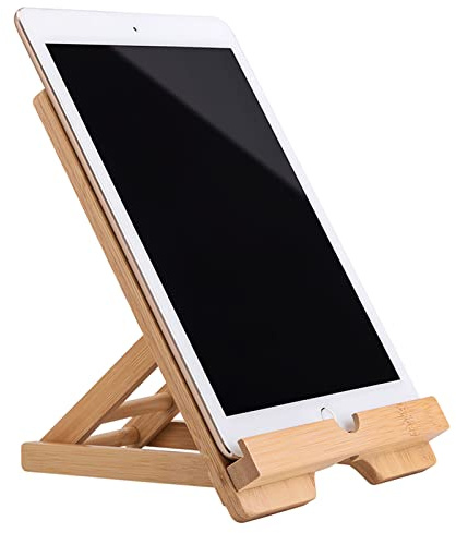 Collect Beauty Bamboo Tablet Stand Holder Adjustable Folding Wood iPad Stand with Chargeable Hole for Desk iPad Cooking Stand