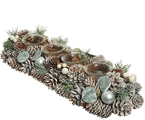 Decoris Adventsgesteck 45cm mit Teelichter Glas mit Schnee Kerzenhalter Adventskranz länglich grün weiß