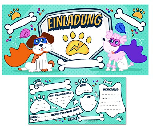CardWheels 12 Einladungskarten Superhelden Hunde! Kindergeburtstag - Mädchen Jungen/Extra lang
