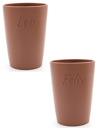 Magu Lot de 2 gobelets personnalisés en biopolymère (100% sans pétrole) avec nom | Lot de 2 gobelets dents personnalisés Nature Design 2 pièces Terre cuite
