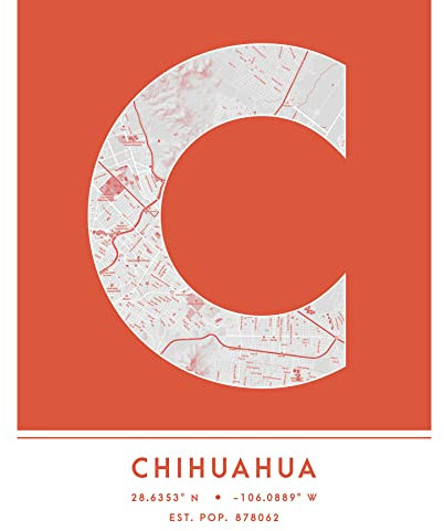 Wee Blue Coo Chihuahua Mexico City Map Orange Colour Block Modern Typography Stylish Letter Unframed Word Wall Art Print Poster for Home Décor CITYMAP1 Mexiko Stadt Karte Farbe Typografie Mauer Heim