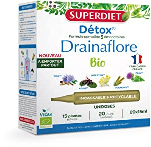 SUPERDIET- DRAINAFLORE BIO - Programme complet de détoxification des 5 émonctoires - Made in France -Format nomade-20 Unidoses de 15 ml