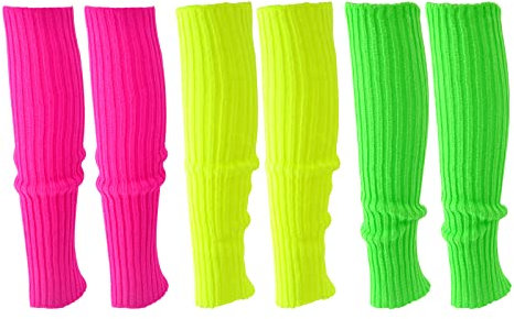 WDFCN 3 Stück 80er 90er Neon Grün Gelbe Rose Bein Stulpen Schweißband Set Neon Strümpfe Gestrickte Stulpen Laufen Stirnband Armbänder für Karneval Tanzen Aerobic Kostüm Zubehör