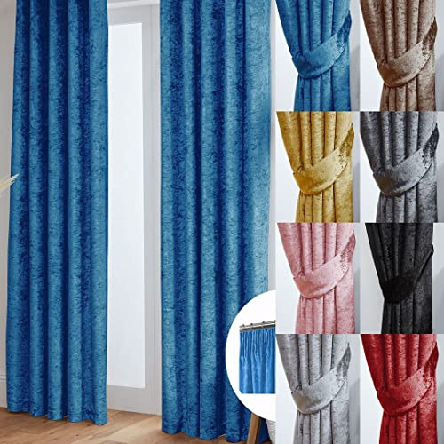 John Aird Crushed Velvet Fully Lined Pencil Pleat Curtains (Blue, 90 Wide x 108 Drop)