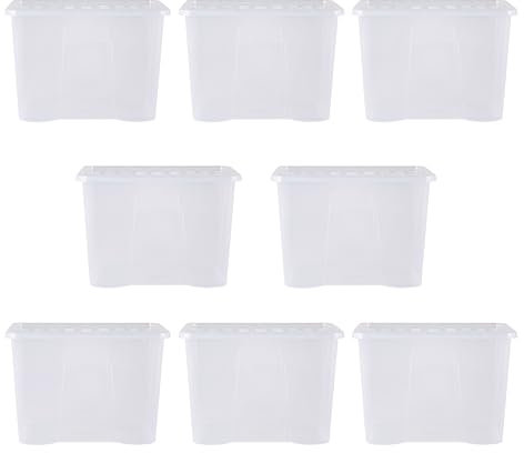 Wham Crystal 8x 80L Plastic Storage Boxes with Lids. Large, Strong (Pack of 8, 80 Litre) Made in the UK (Clear)