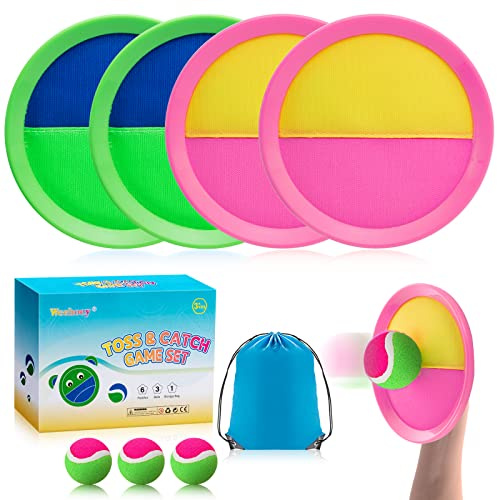 Weehoey Beach Toys - Outdoor Games for Kids, Toss and Catch Ball Set with 4 Paddles 3 Balls, Toys for 3 4 5 6 7 8+ Year Old Boys Girls Christmas Birthday Gifts (Pink and Green)