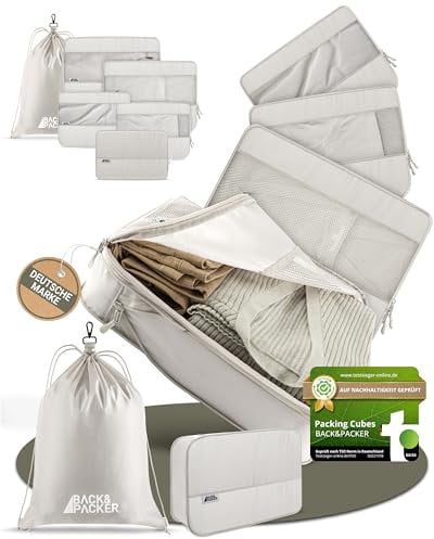 BACK&PACKER® Packing Cubes mit Kompression 6-teilig - Packtaschen Set aus recyceltem Material - Leichte Organizer für Rucksack & Koffer - inkl. Packwürfel für nasse Wäsche & Beutel (beige hell)