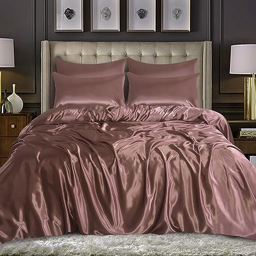 WEAVERS: Luxurious 6-Piece Silky Satin Bedding Set, Smooth & Glossy Finish, Includes Reversible Zipped Duvet Cover, 1 Fitted Sheet, and 4 Pillowcases. (Colour Blush Pink Size King)