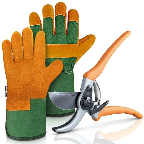 DIY Doctor - 1x Pair Unisex Leather Heavy Duty Gardening Gloves & Premium Garden Secateurs Heavy Duty - Leather Work Gloves - 1x Ultra Sharp Hardened Carbon Steel SK-5 Pruning Shears - Orange Handle