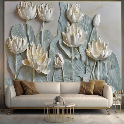 KoKoty Fototapete 3D Effekt Hellblauer Lotus mit Blumenprägung-200 x 200 cm-3D Effekt Moderne Wandtapete Wanddekoration für Wohnzimmer Schlafzimmer Esszimmer
