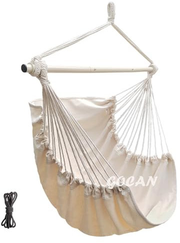GOCAN Hängematte Stuhl Große Hängematte Schaukel, 110 x 150cm Last 150kg, Baumwolle Hängematte Stuhl Metall Spread Bar Breiter Sitz Schaukel Stuhl (beige)