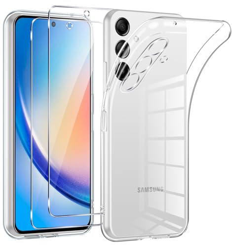 Phoona Coque pour Samsung Galaxy A35 5G avec 2 Pièces Protection Écran en Verre Trempé,Ultra Transparente Silicone en Gel TPU Souple pour Samsung A35 Couqe,Antichoc Anti-Jaune Etui Bumper