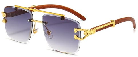 Junsika Übergroße Randlose Quadratische Sonnenbrille für Herren und Damen Klassische Retro Designer Holzimitat Gradient Schwarz Sonnenbrille