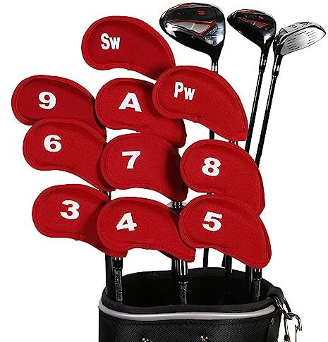 10 Stück Schlägerkopfhüllen für Eisen Schlägerhauben Golf Langer Hals Schützen Golfschläger mit Anzahl Print (Rot)