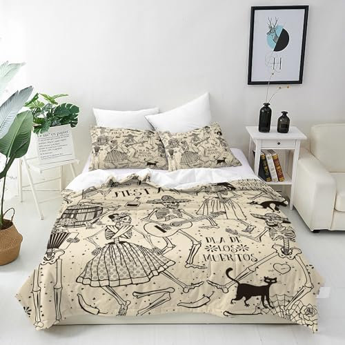 ANHOPE Retro Skelett Musik Tanz Bettwäsche Set Microfaser Bettbezüge mit Reißverschluss 3 Teilig Bettbezug 240x220 cm + 2 Kissenbezug 80x80 cm Weich Ganzjahres Bettdeckenbezug Set