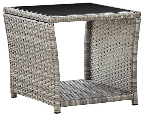 KLYEON Couchtisch Grau 45 x 45 x 40 cm Poly Rattan und Glas,Moderner Rattan Beistelltisch für Garten, Balkon und Terrasse grau und schwarz Gartenmöbel & Zubehör