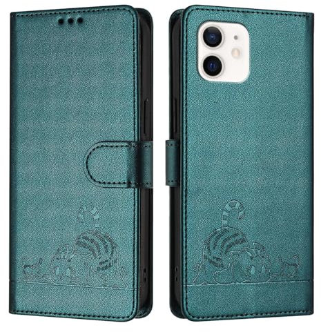 ScandiCasis iPhone 12 Mini Flip Case, Cat Pattern Leather Cover with [Card Slots] [RFID] [Wallet] [Kickstand] Shockproof Case, Peacock Green